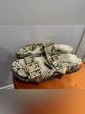 SCHUTZ Snake-Print Double Buckle Slide Sandals in Neutral/Black